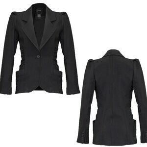 Smythe black ruched wool twill blazer Sz 4 NWOT tailored fitted cinched classy